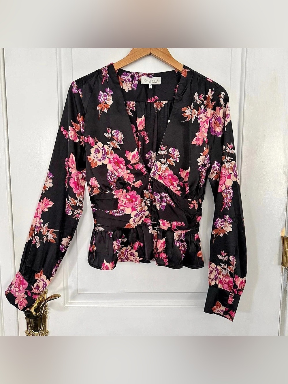 Dark Romance Pin-Up Top, Black With Pink & Purple Floral Pattern, V-neckline, M